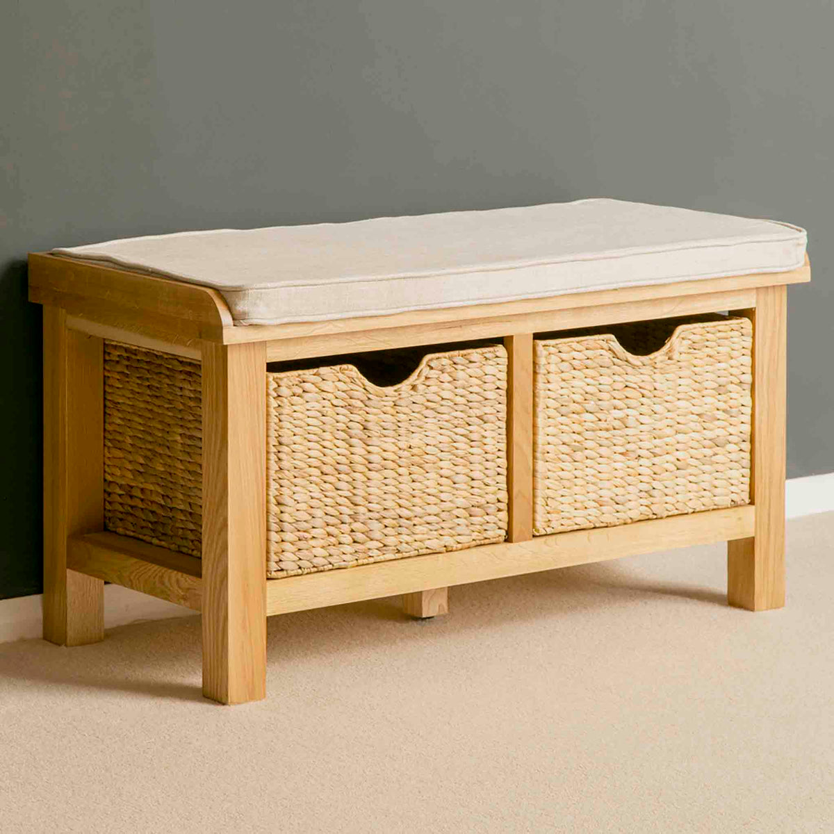 London Oak Hall Storage Bench with Baskets, Solid Wooden Shoe Storage