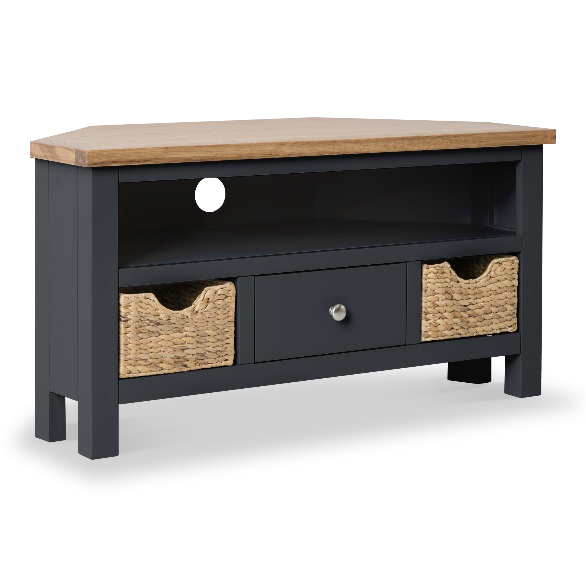 Farrow Corner Tv Stand With Baskets Grey Navy Or Charcoal Roseland