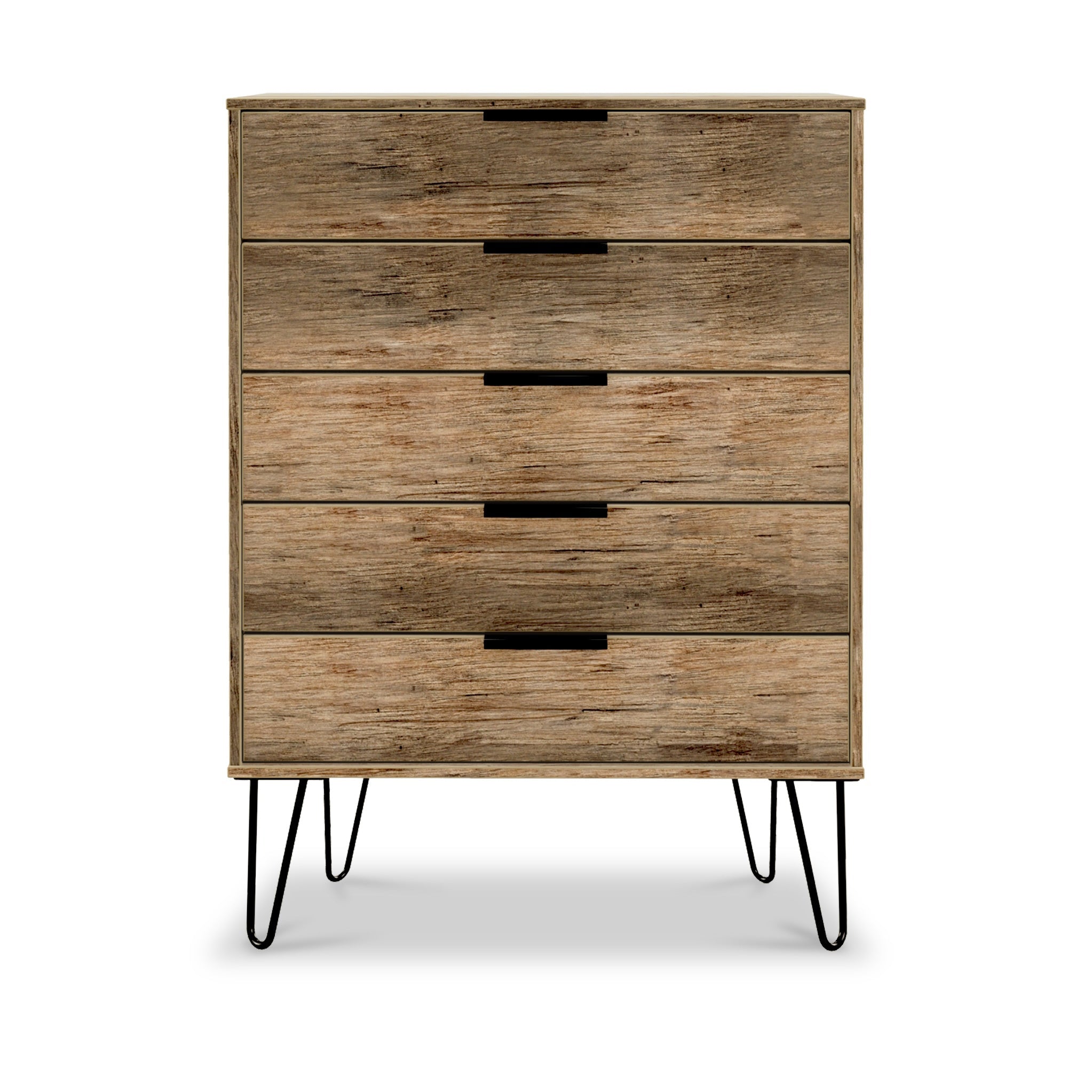 Moreno Rustic Oak 5 Drawer Chest With Black Hairpin Legs Roseland