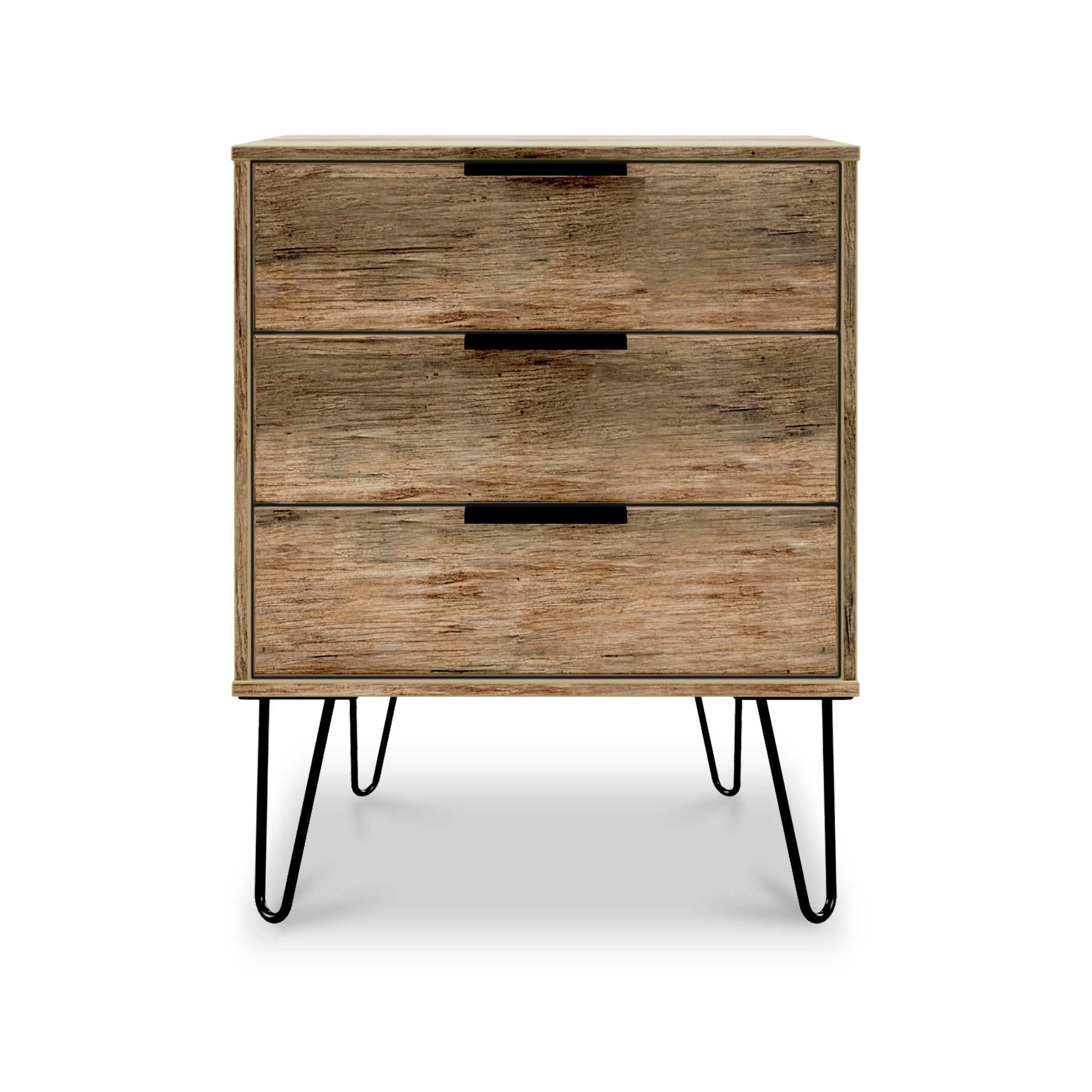 Moreno Rustic Oak Wooden 3 Drawer Midi Chest Of Drawers With Hairpin Legs