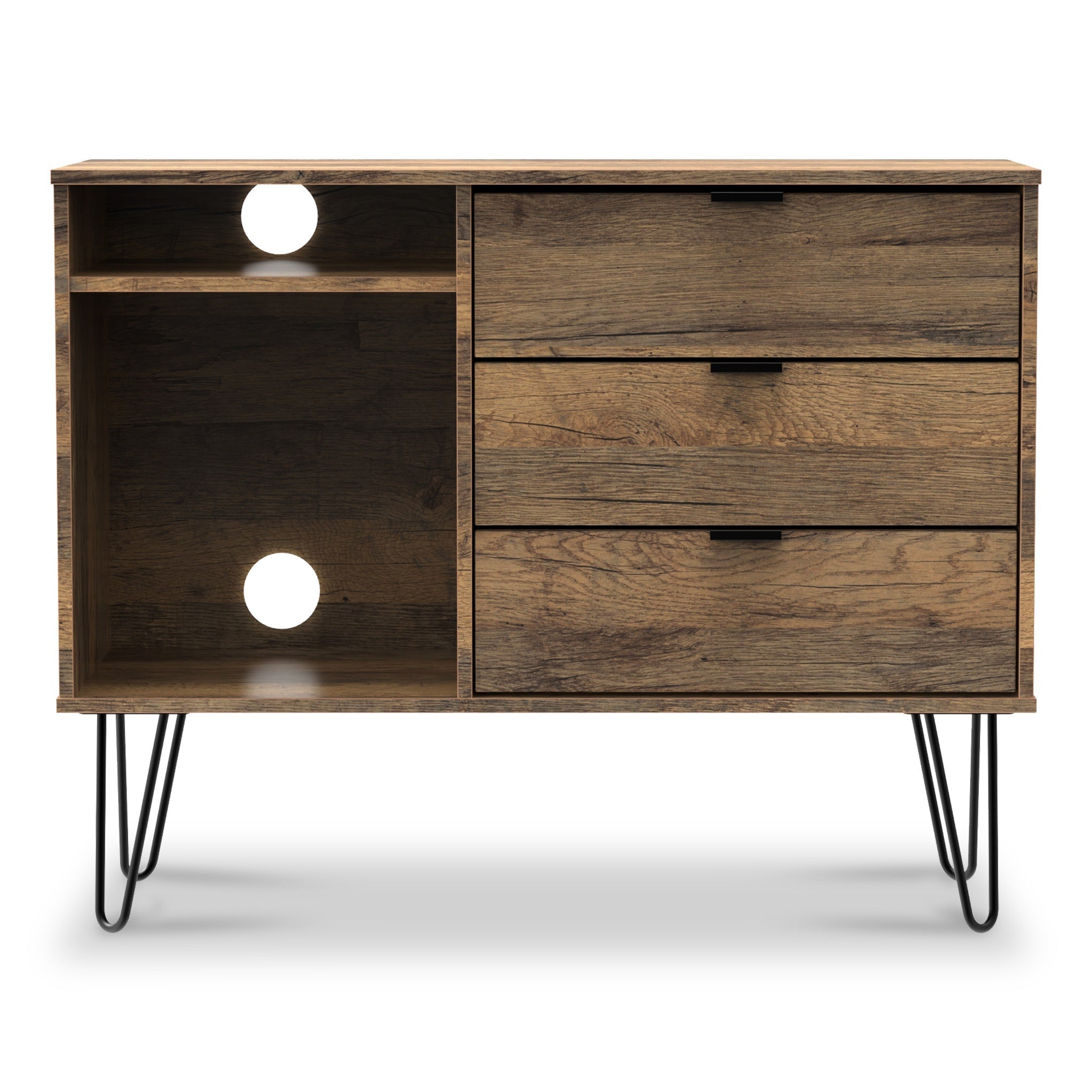 Moreno Rustic Oak 3 Drawer Tv Unit With Black Hairpin Legs Roseland