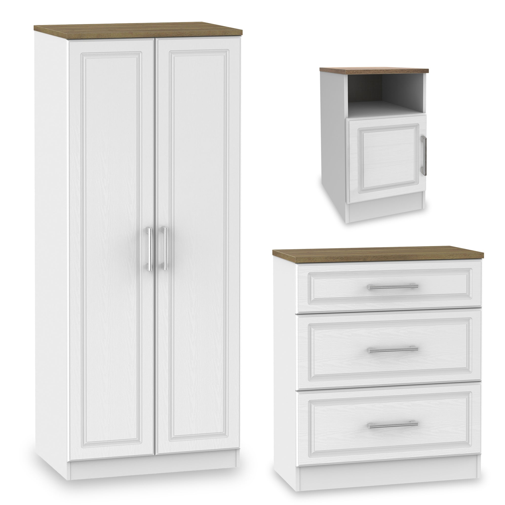 Talland 3 Piece Bedroom Set White Grey Taupe Wardrobe Chest Bedside