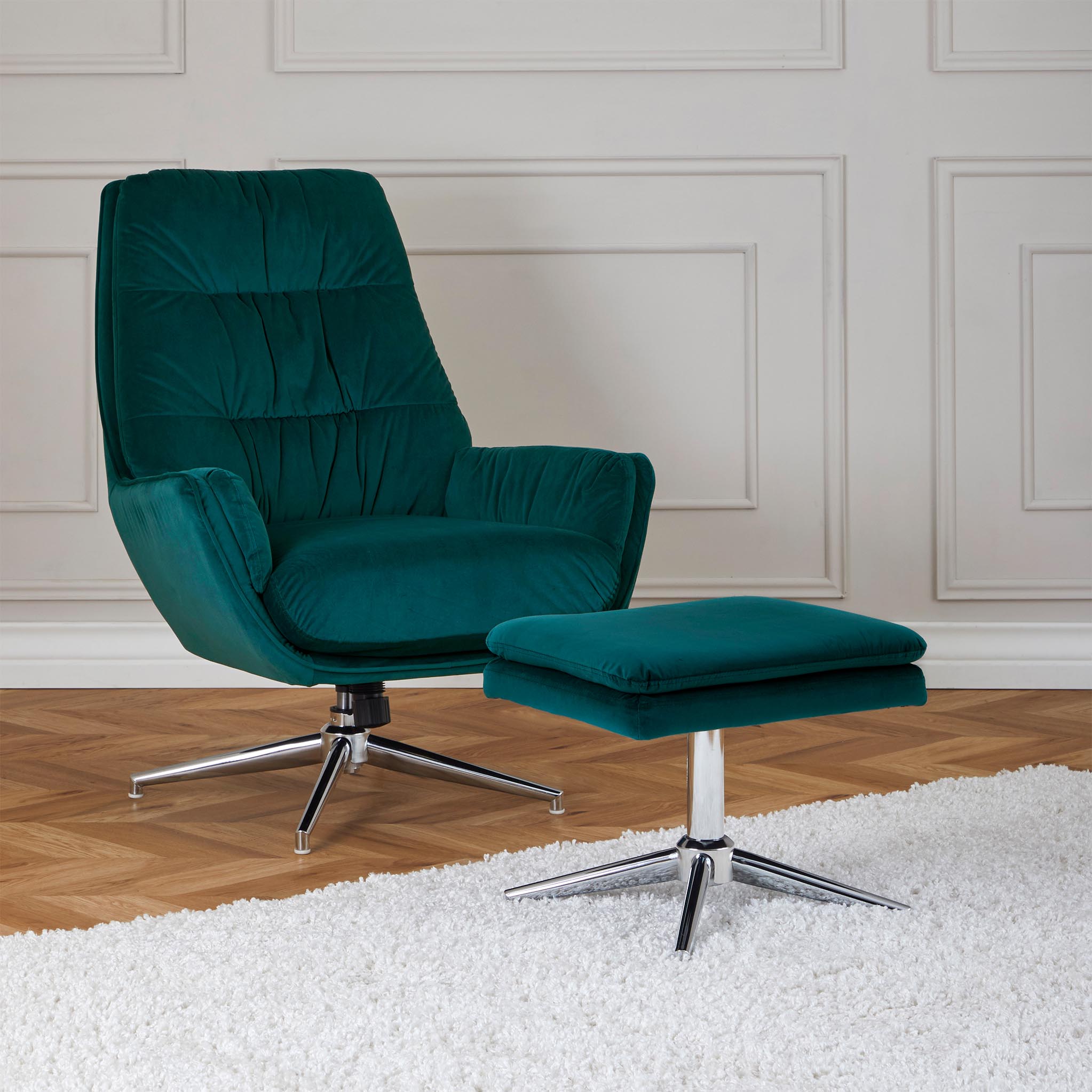 teal velvet armchair and footstool