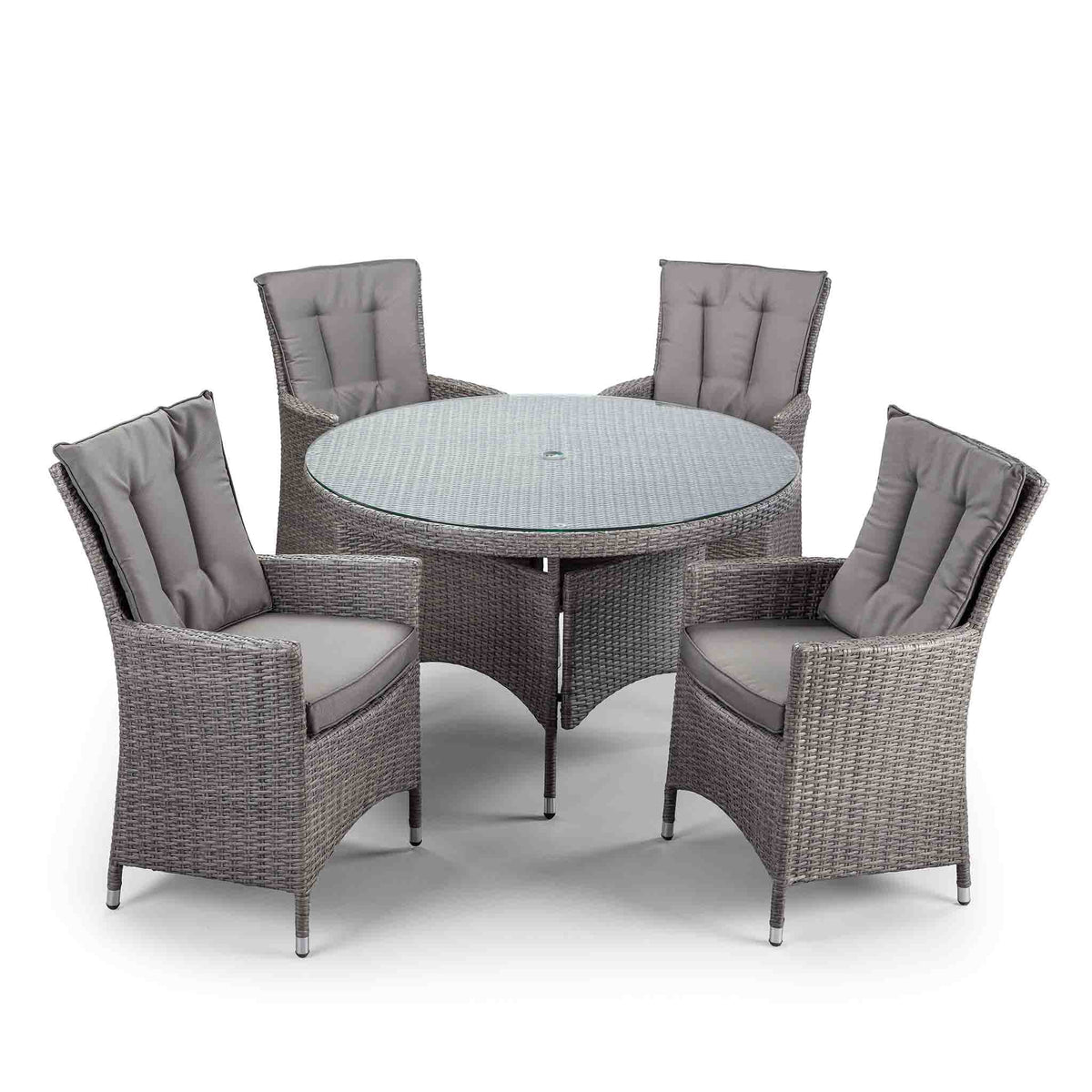 Palma 120cm Round Grey Rattan Dining Table and Chairs with Glass Top, 4