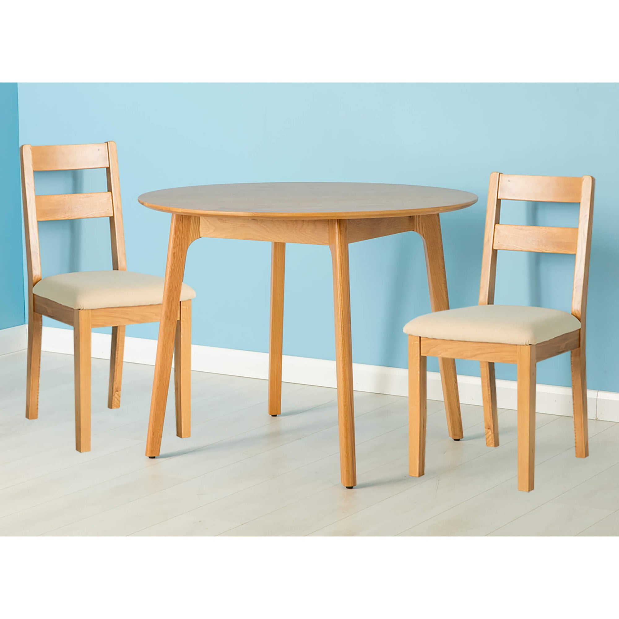 Nordic Solid Oak Small Round Dining Table Set, 2 Chairs | Light Oak