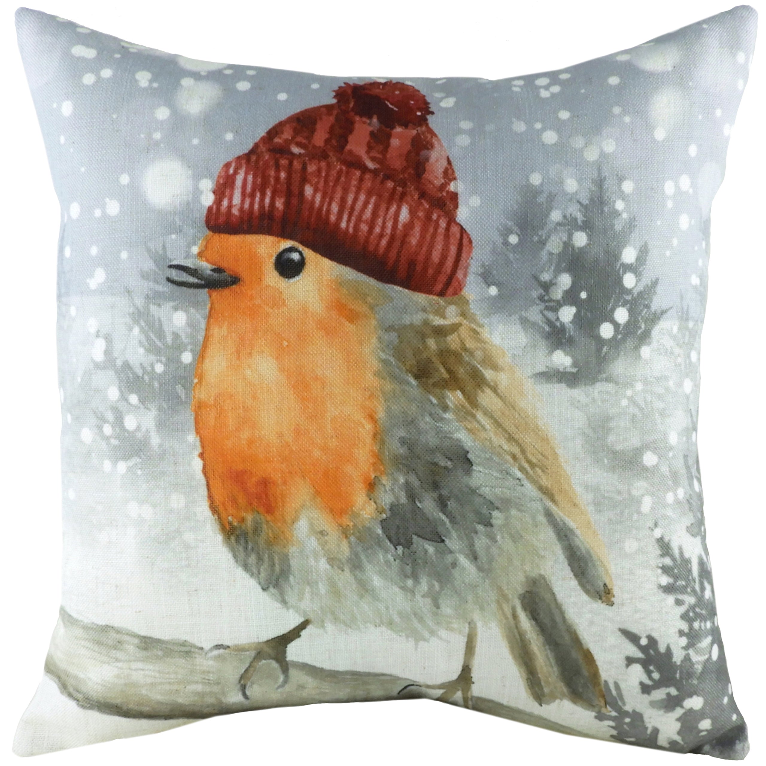 Festive Snowy Robin Hat Animal Print Cushion Sofa Pillow Roseland