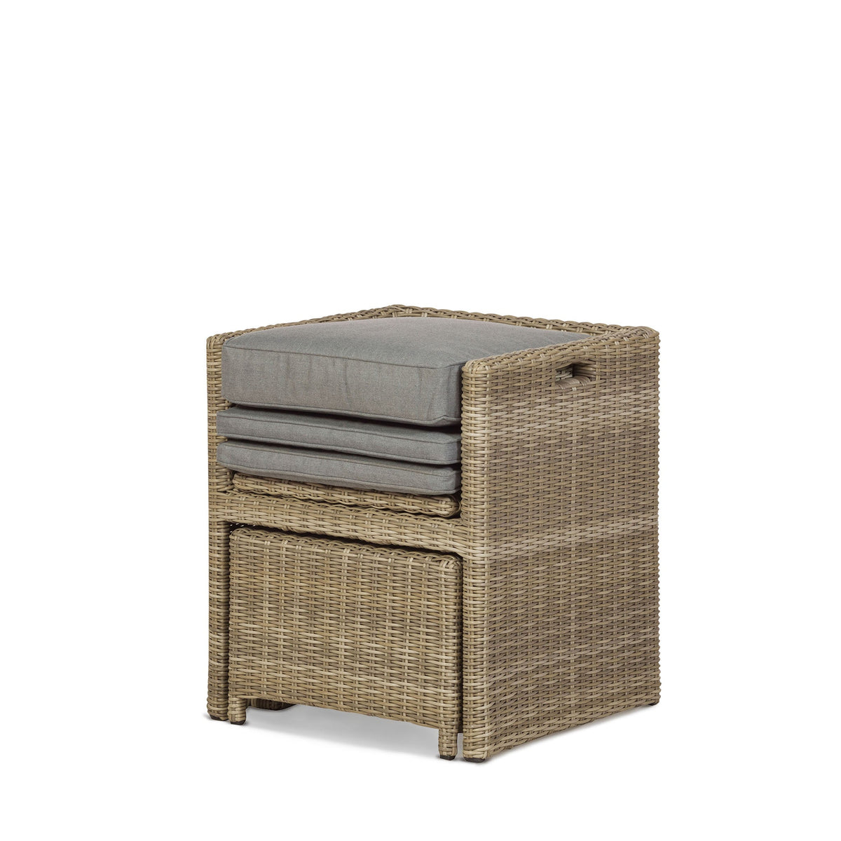 Wentworth 8 Seat Deluxe Rattan Cube Garden Dining Set - Side view of Chair & Foot-Stool Packed up to place under table