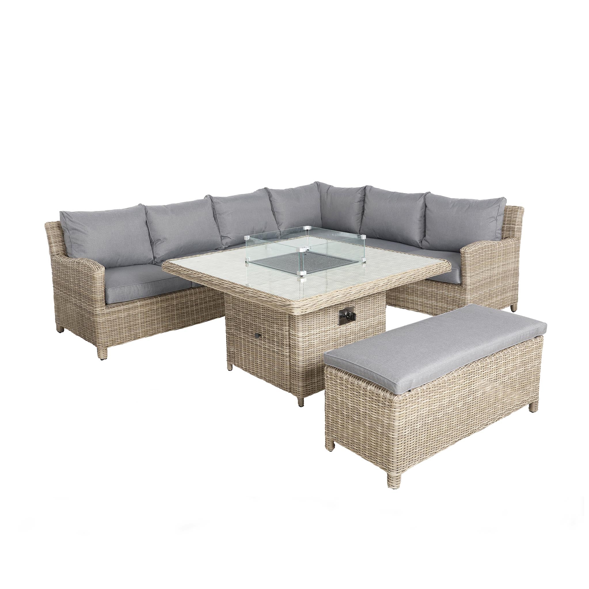 Wentworth 120cm Fire Pit Garden Dine Or Lounge Rattan Set With Bench