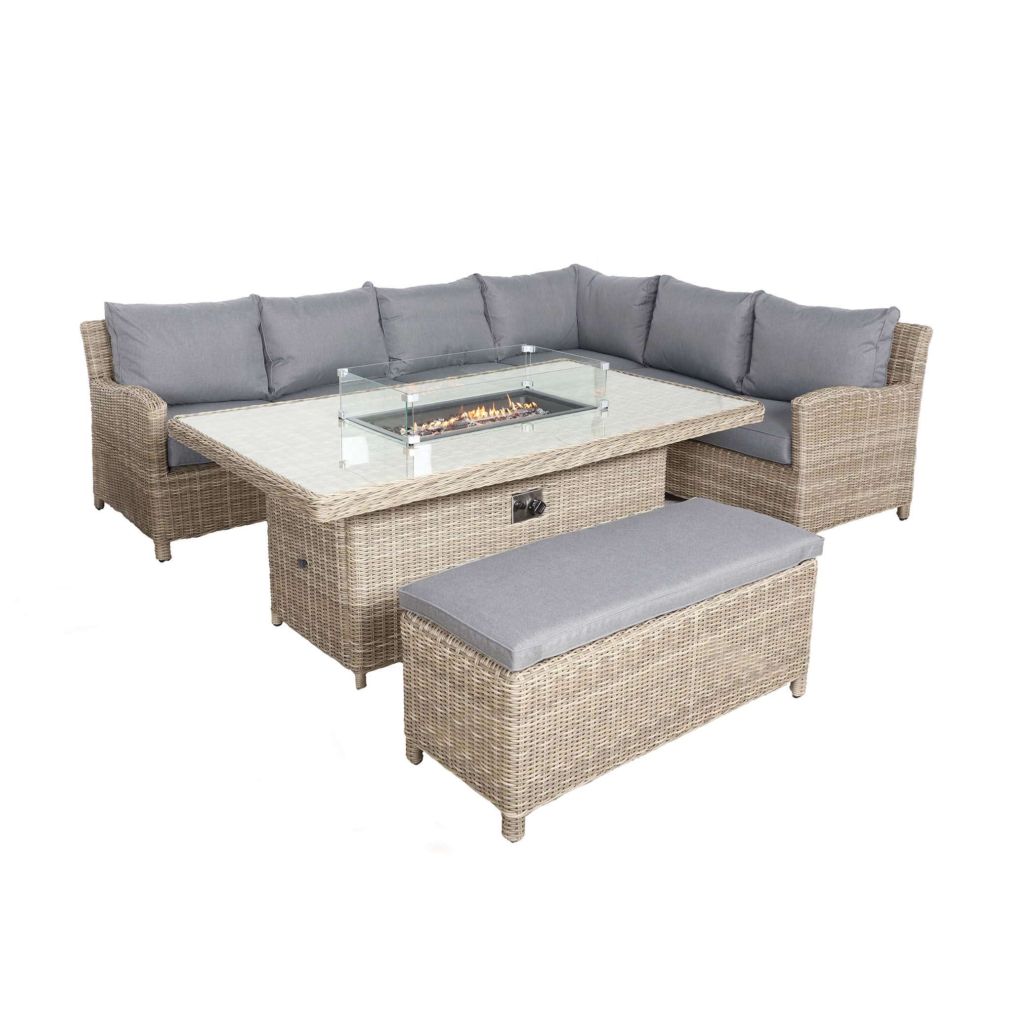 Wentworth 170cm Outdoor Fire Pit Dine Or Lounge Rattan Set With Bench