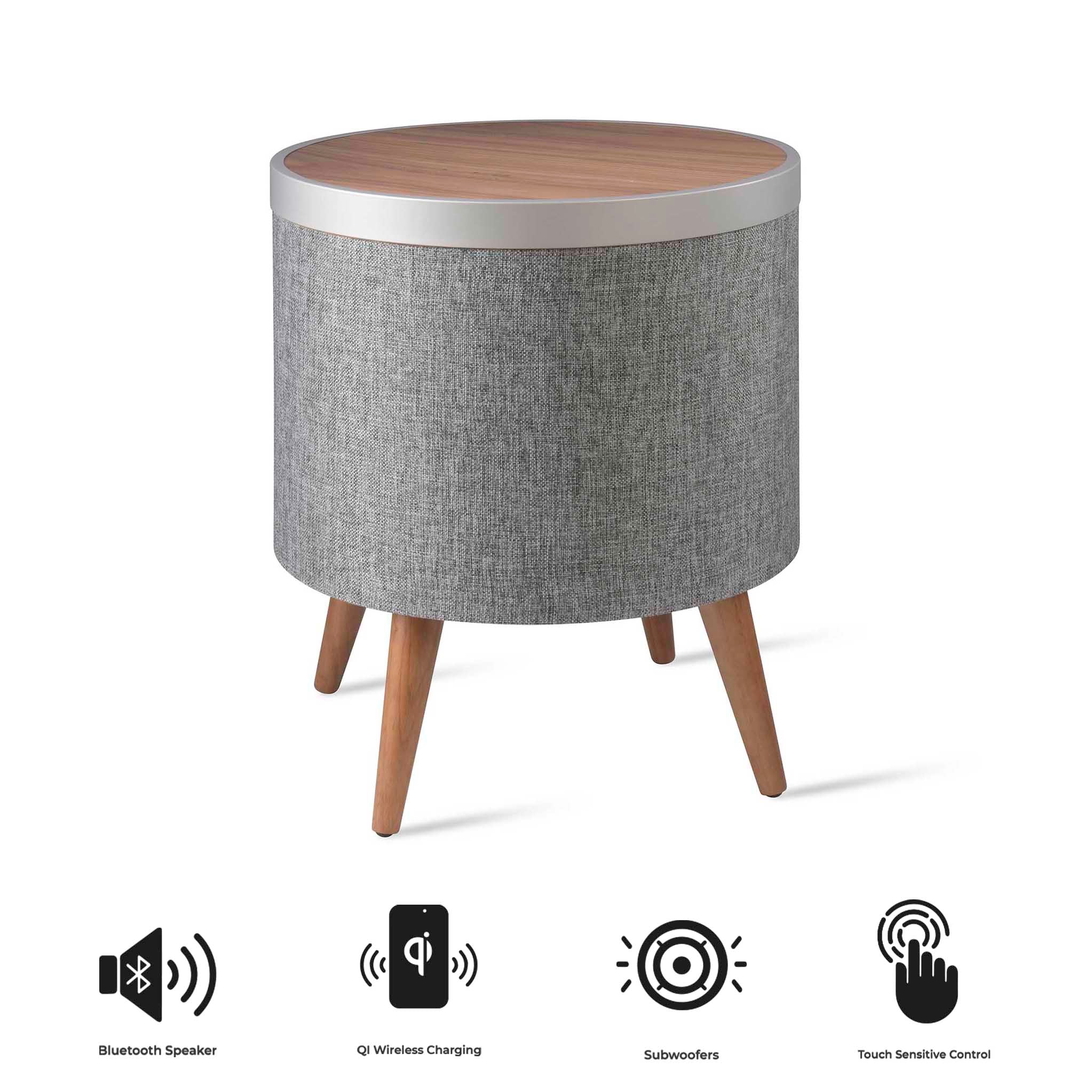 Zain Smart Side Table Grey With Wireless Charging Bluetooth Speaker
