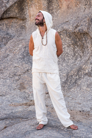 Earthy Summer Outfit ⫷⫸ Sleeveless Shirt with Hoodie + Men Pants ⋙ Handwoven (Khadi) Cotton - Primitive Tribal Craft - Men's Summer Outfits