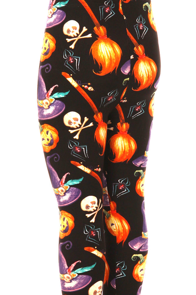 Kid's Halloween Witch Hat and Broom Pumpkin Pattern Printed Leggings