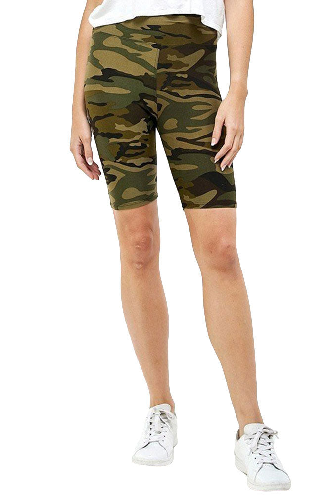 Women's Buttery Soft Olive Camouflage Print 3 Inch Waist Yoga Biker Shorts