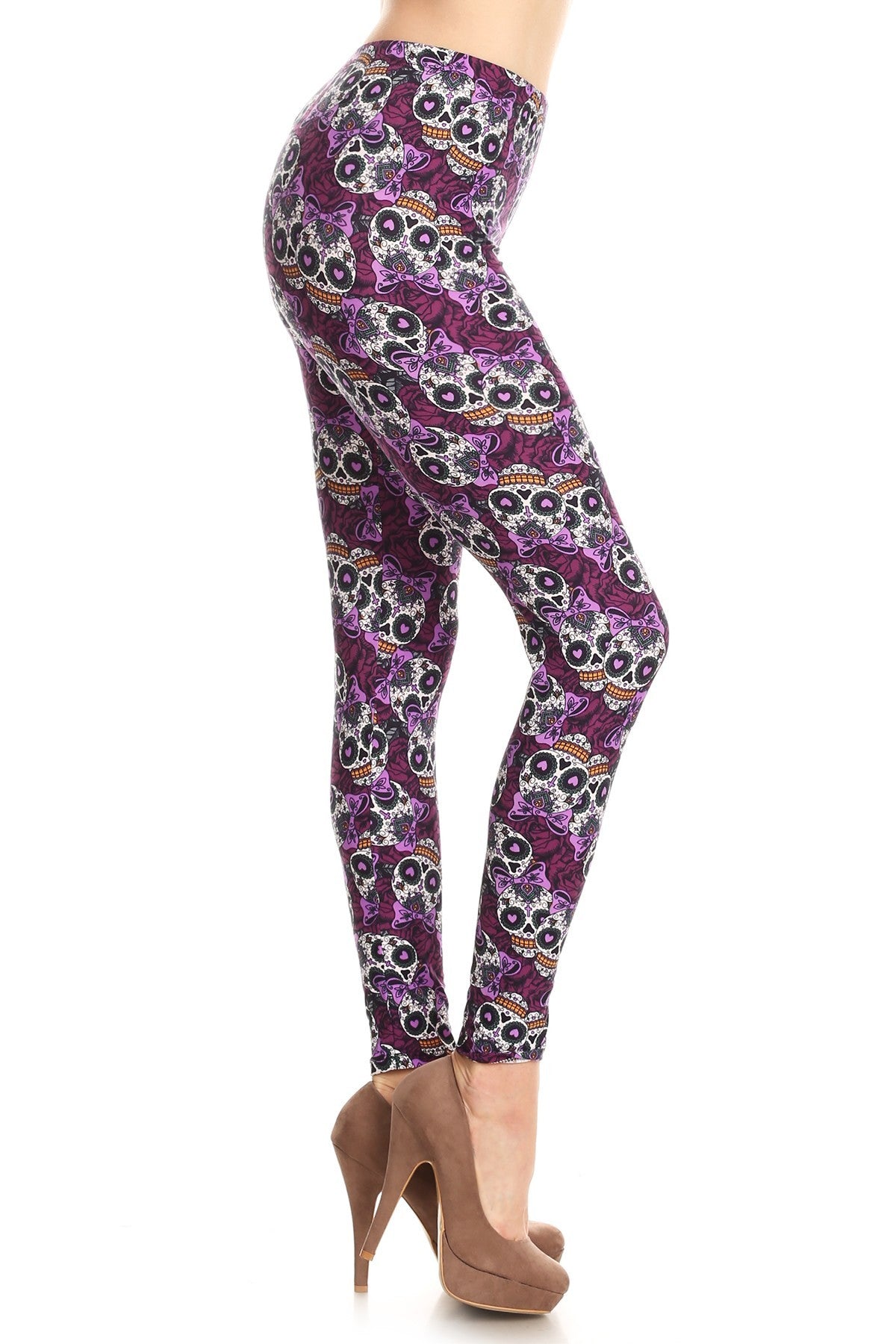 Women's Plus Purple Sugar Skull Ribbon Pattern Printed Leggings– iZZYZX