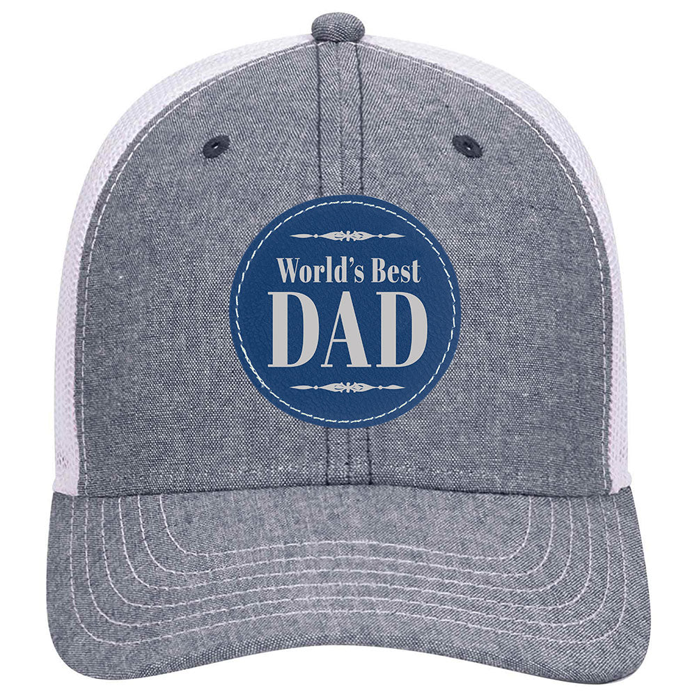 World's Best Dad Leatherette Patch Cotton Blend Chambray 6 Panel Low Profile Mesh Back Trucker H