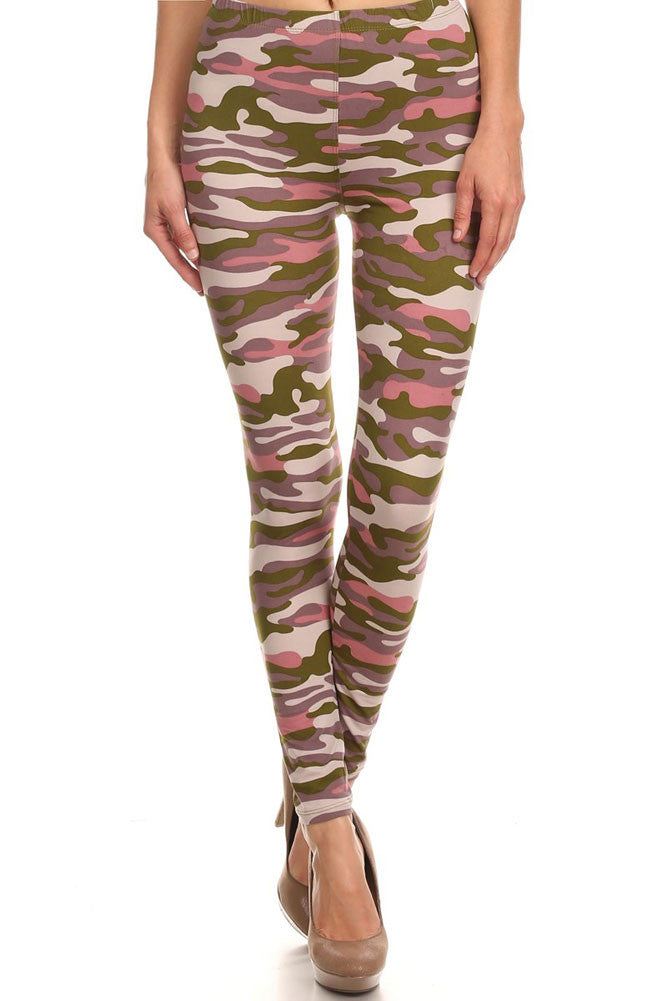 Women's Regular Army Camouflage Pattern Print Leggings - Olive Pink Pu ...