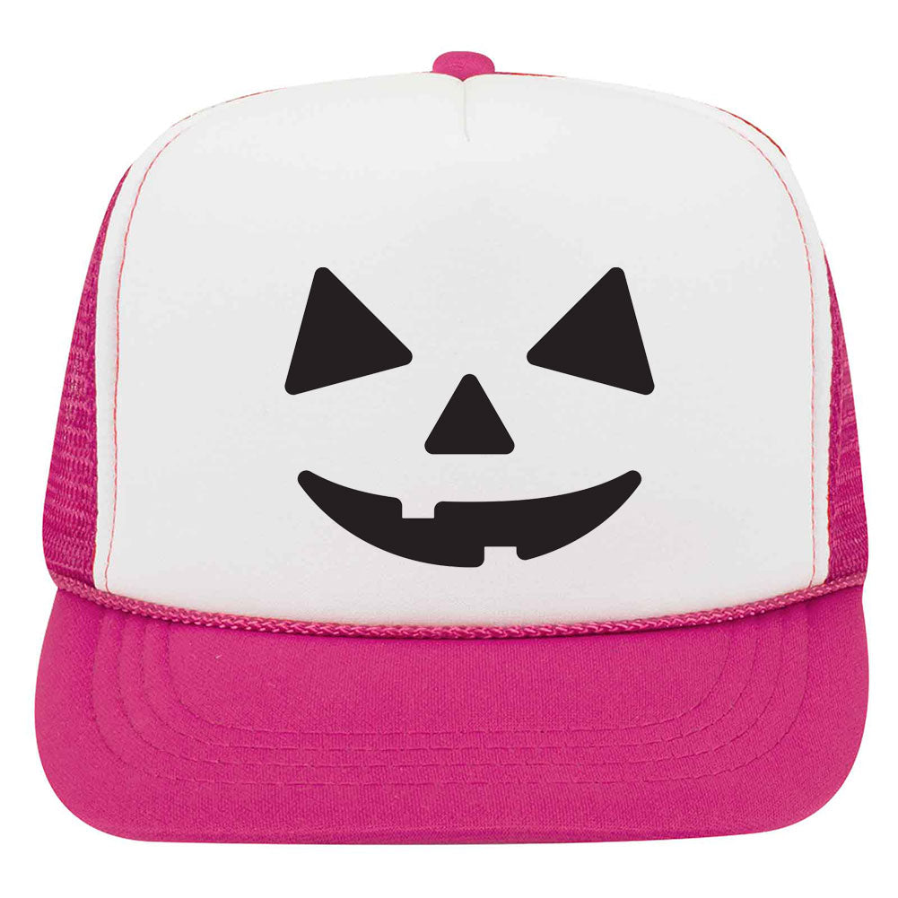 Youth Kid's Pumpkin Happy Face Puff Halloween Printed 5 Panel High Crown Foam Mesh Back Trucker 