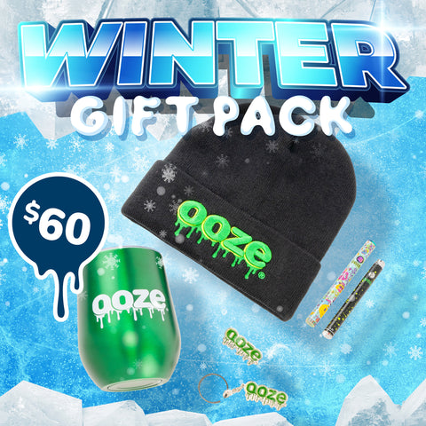 The graphic for the Ooze Winter Gift Pack shows a beanie, tumbler, chroma Twist Slim pen 2.0 and a green splatter Twist Slim 1.0