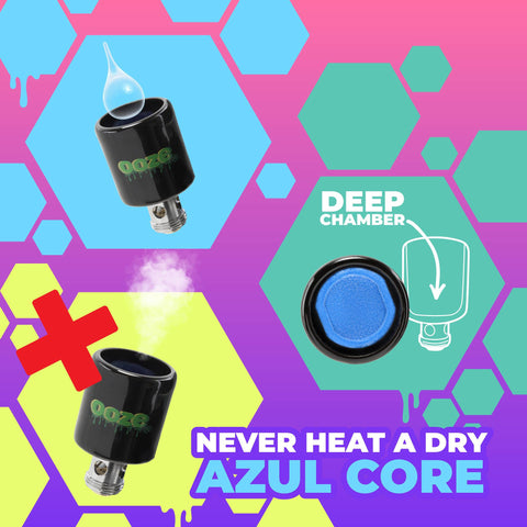 A colorful graphic shows 3 Onyx atomizers. The top one shows a drop being added, the second shows the blue core and says it's a deep bucket. The bottom has a red x near it and says Never Heat a Dry Azul Core