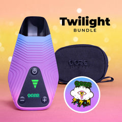 The Twilight Bundle shows the blue and purple Ooze Brink dry herb vape with a black wristlet and enamel pin