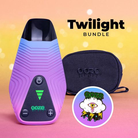 The Ooze Twilight Bundle graphic shows the blue and purple pastel Brink dry herb vape, a black wristlet and an enamel pin.