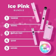 A list showing the contents of the Ooze Ice Pink Bundle: a Tanker, Signal, Duplex Pro, Quad, and Movez speaker vape
