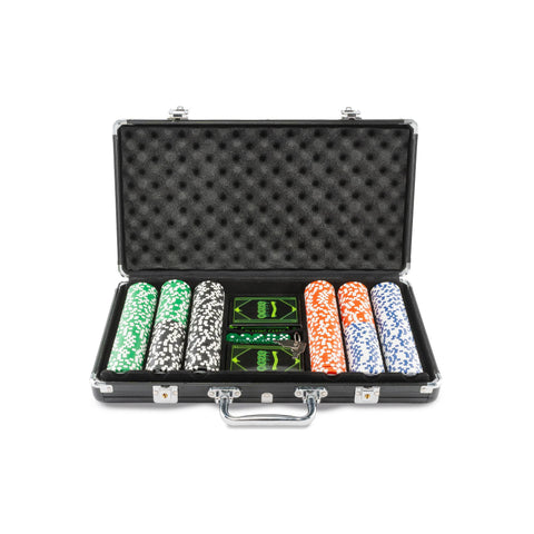 The 300-piece Ooze Poker Set is fully assembled in the protective briefcase with all chips showing