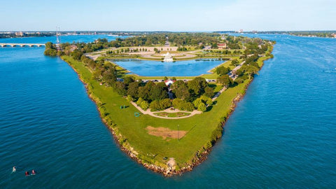 An aerial view of Belle Isle Park in Detroit, MI from the tip of the island.