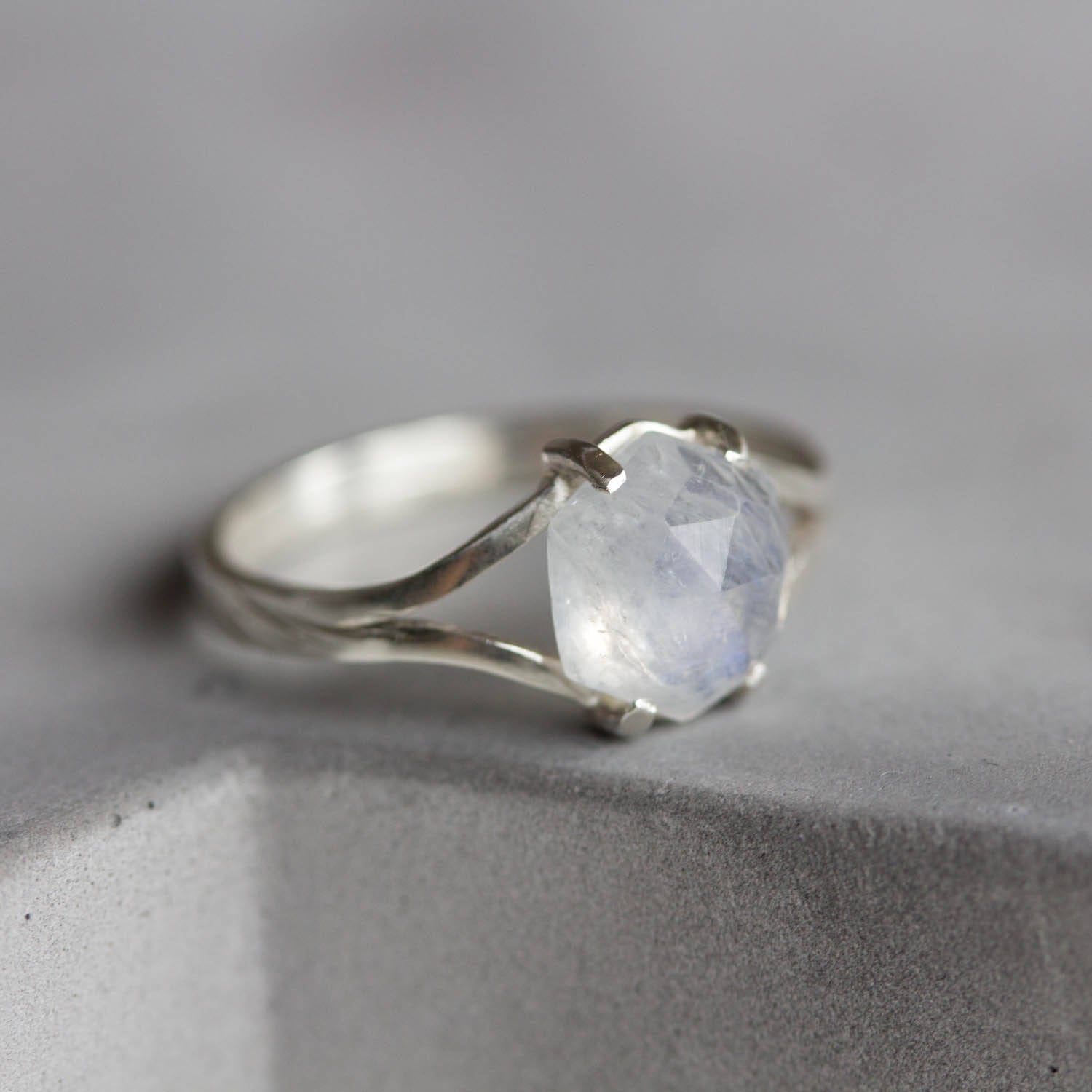 Moonstone ring, solitaire ring with hexagon Rainbow Moonstone gemstone ...