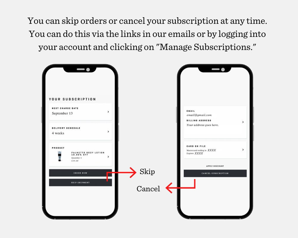 You can skip orders or cancel your subscription at any time. You can do this via the links in our emails or by logging into your account and clicking on "Manage Subscriptions."