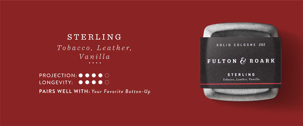 Sterling: Leather, Tobacco and Vanilla. Projection and Longevity 4/5. Pairs well with: Your Favorite Button up