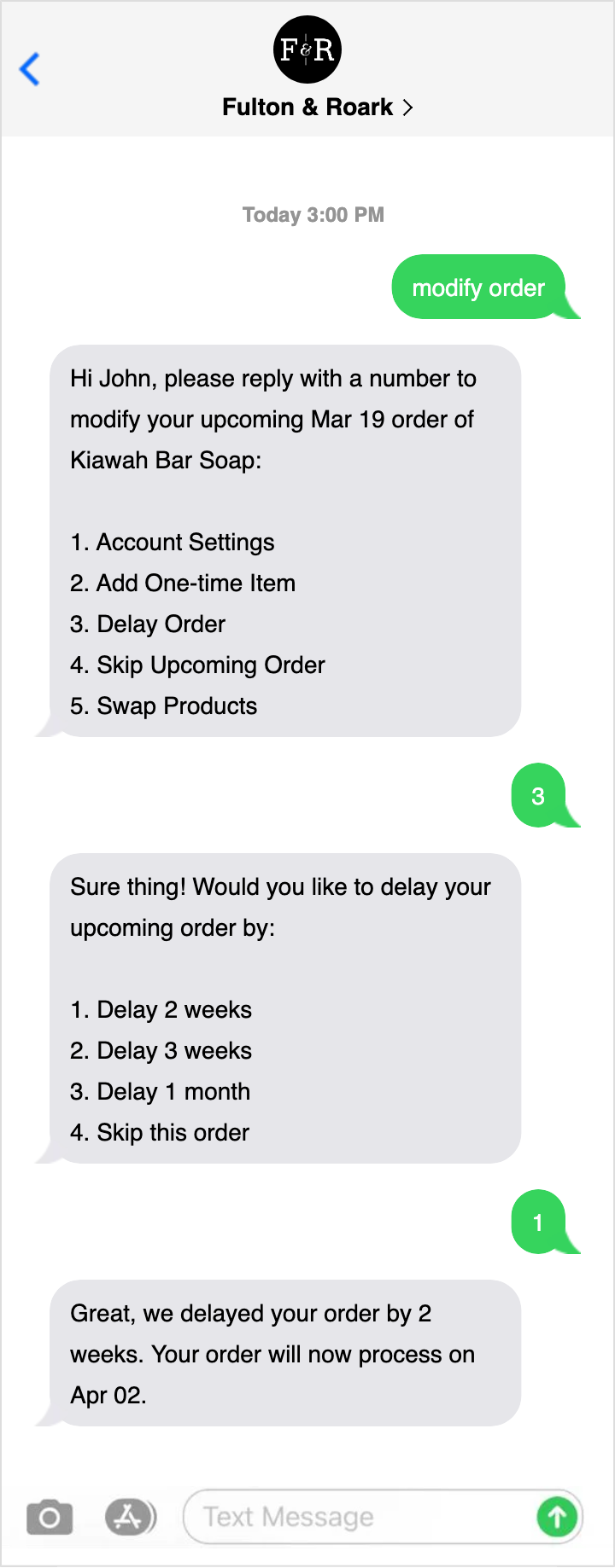 Text showing an order being delayed. 