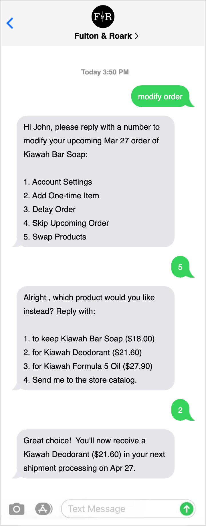 Text showing a product being swapped in a subscription order. 