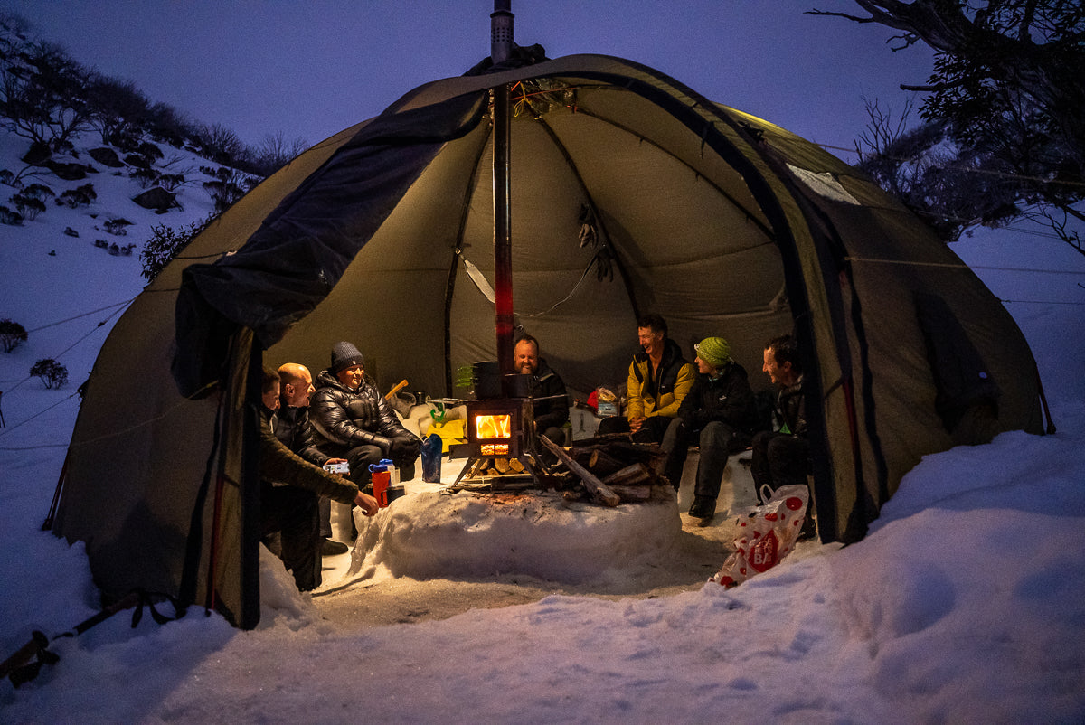 Helsport Varanger Dome Tent with fireplace in Kosciuszko National Park 