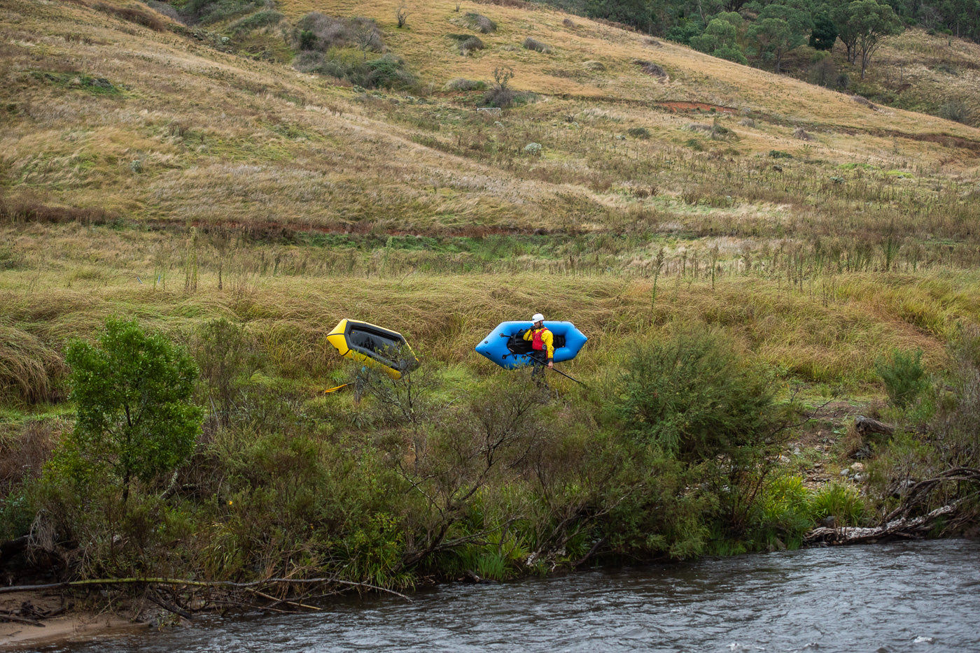 Carrying the packrafts back up alongside the Goobarragandra river