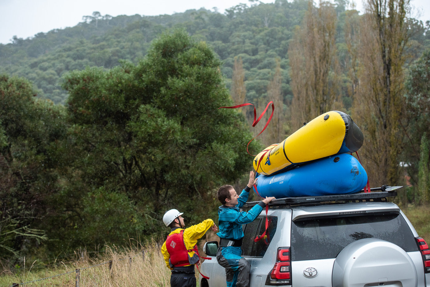 Tying the packrafts down 