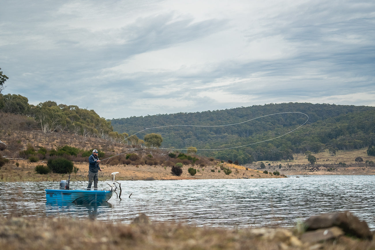 Mickey fly fishing for snowy mountains trout on Lake Eucumbene