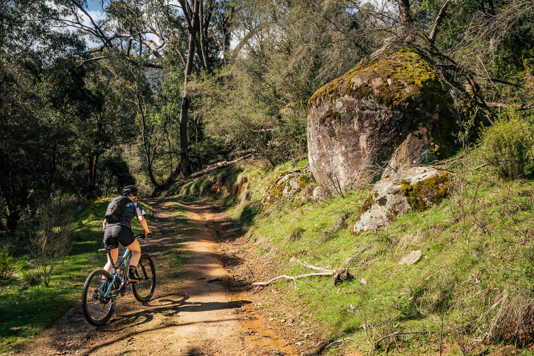 Chloe riding along Stokes Hut trail in Kosciuszko National Park