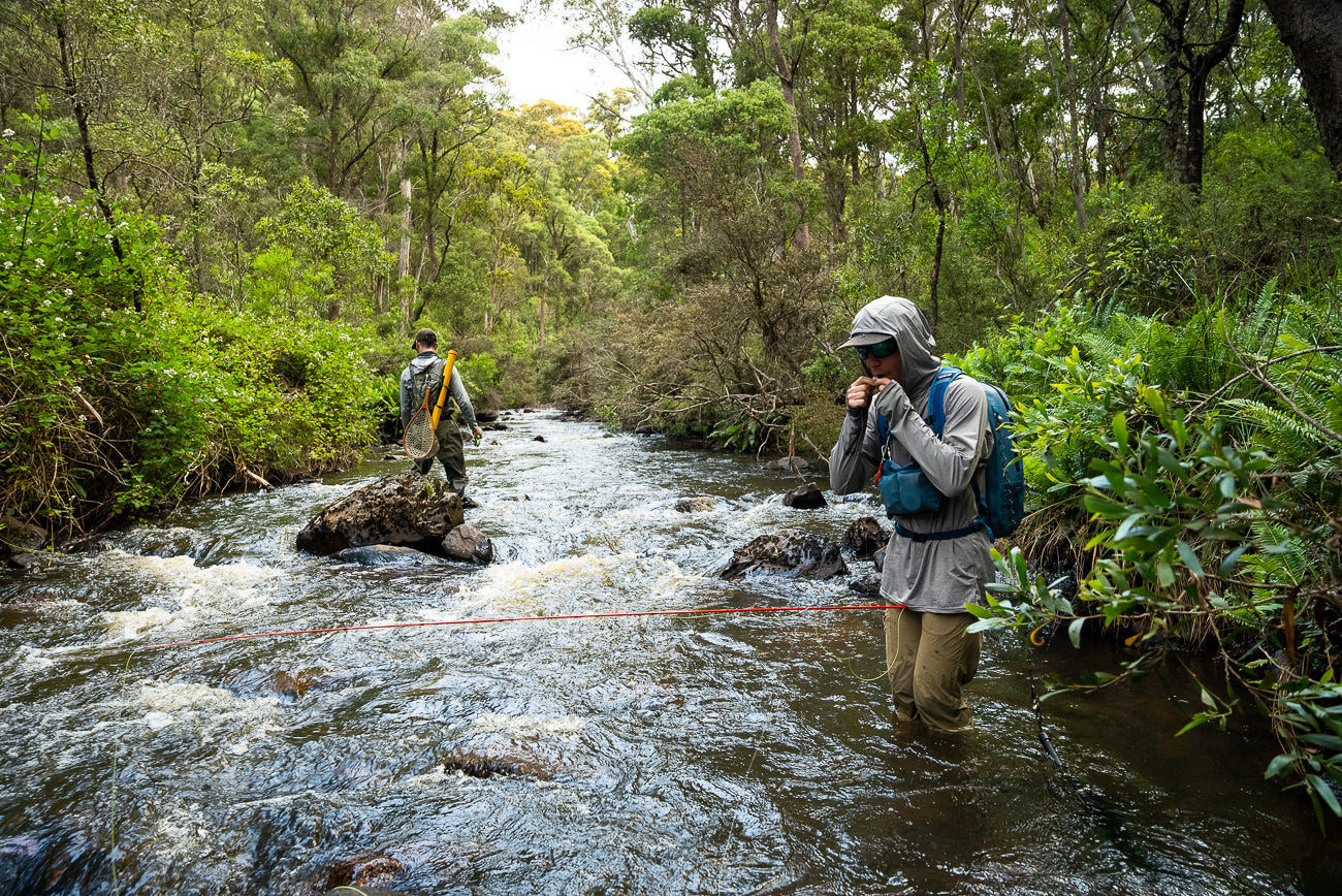 Pat and Dom fly fishing on Micalong creek near the Hume & Hovell Track