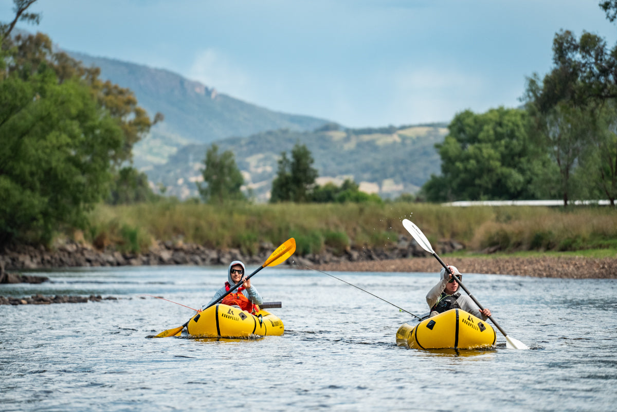 Fly fishing from a kokopelli packraft in the Tumut River