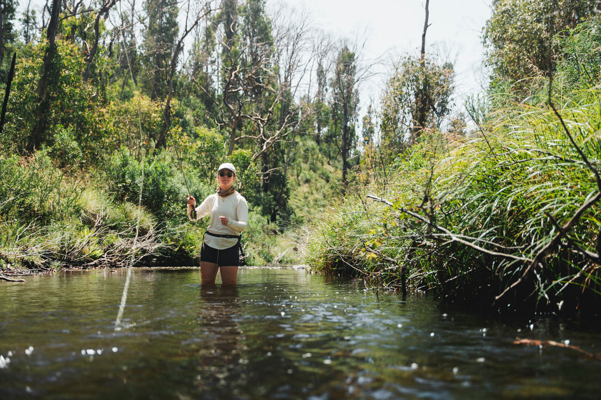 Fly fishing for trout in Jounama creek near Vickerys Hut in Kosciuszko National Park