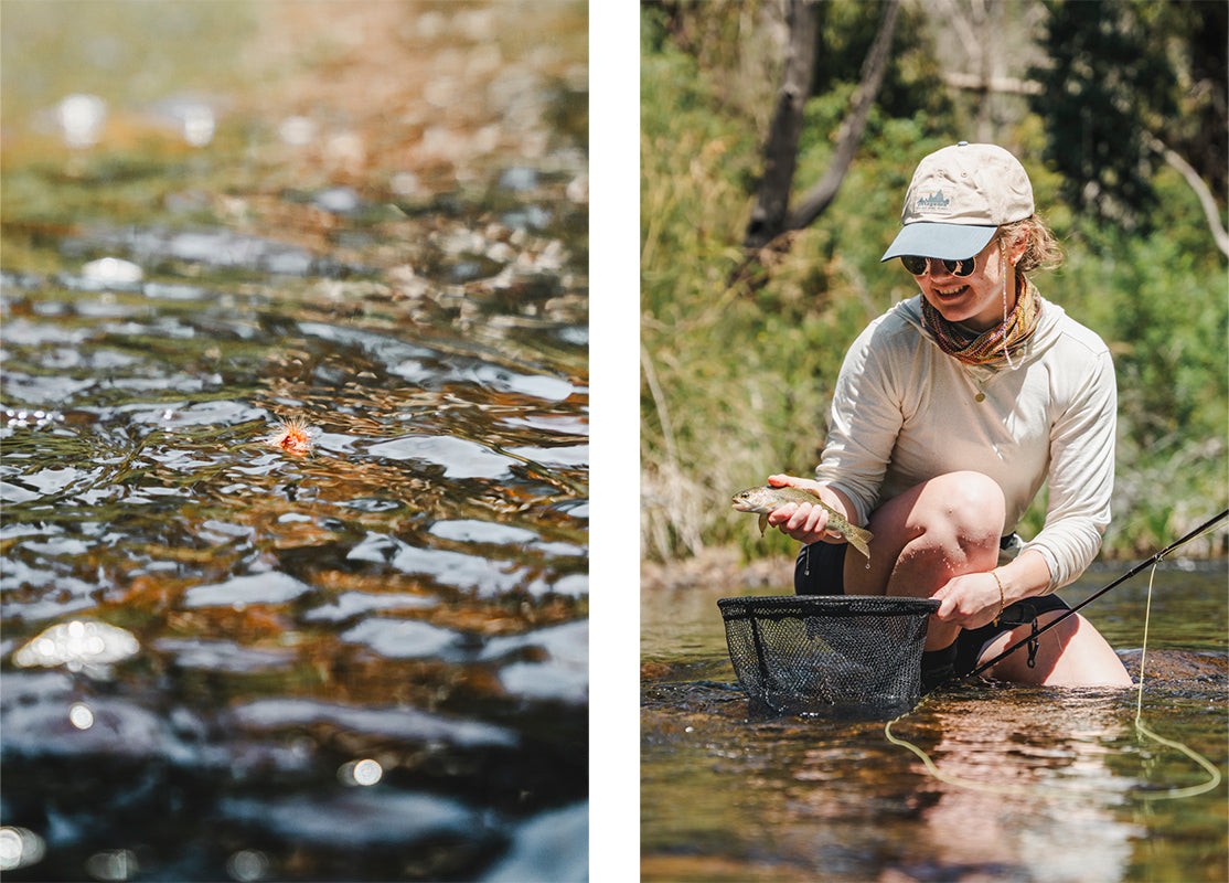 Fly fishing for trout in Jounama creek near Vickerys Hut in Kosciuszko National Park