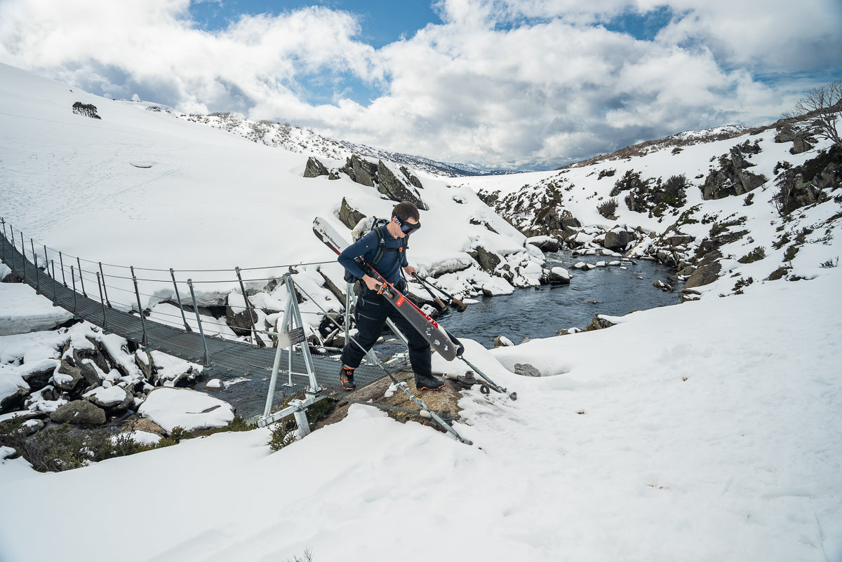 Crossing the Illawong Suspension Bridge in Kosciuszko National Park