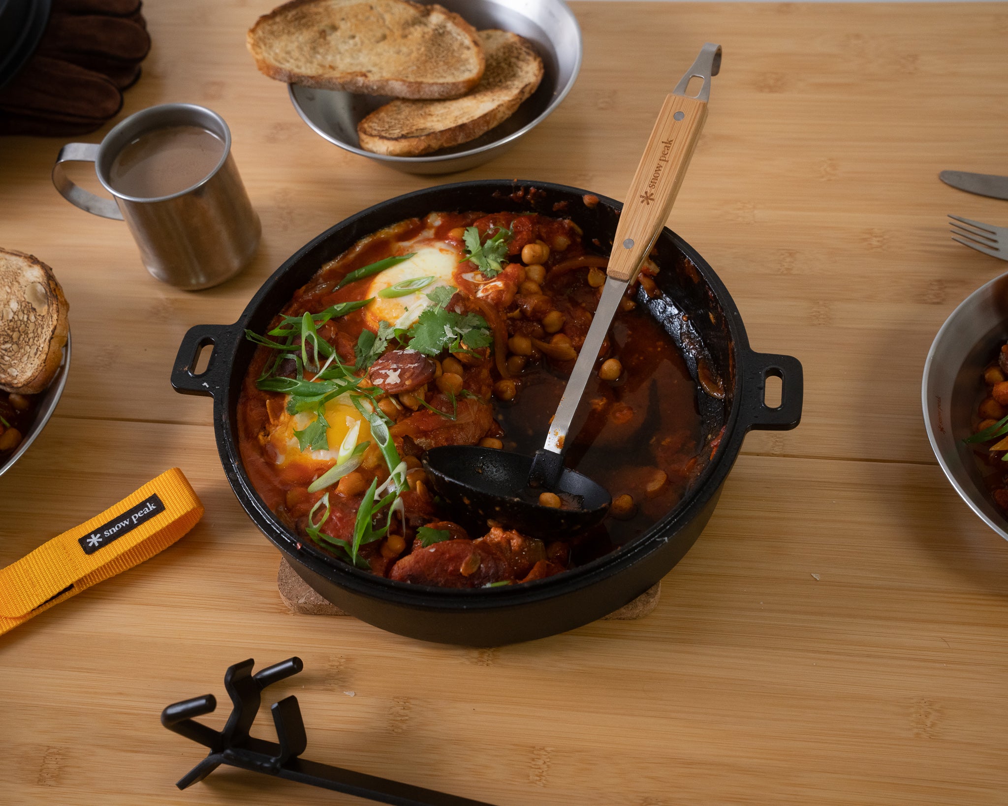 snow peak camp cooking recipe egg, chorizo and chickpea breakfast skillet