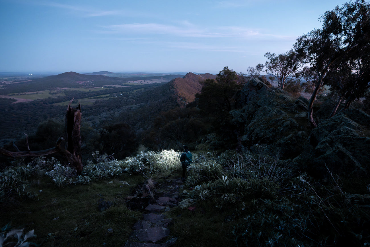 Hiking down from the Rock near Wagga Wagga at dusk after sunset