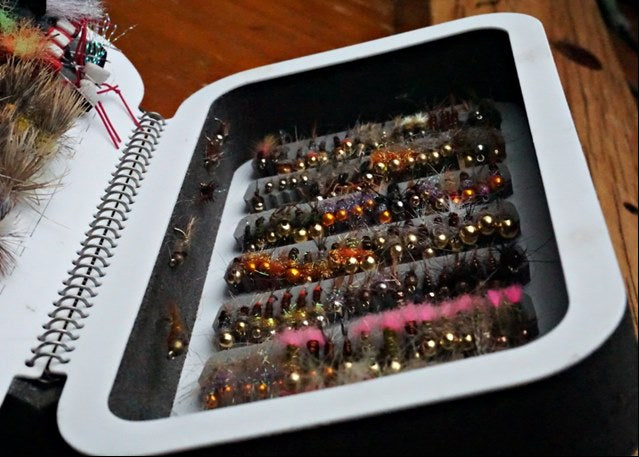 Fly box with trout flies; sub-surface and dry flies