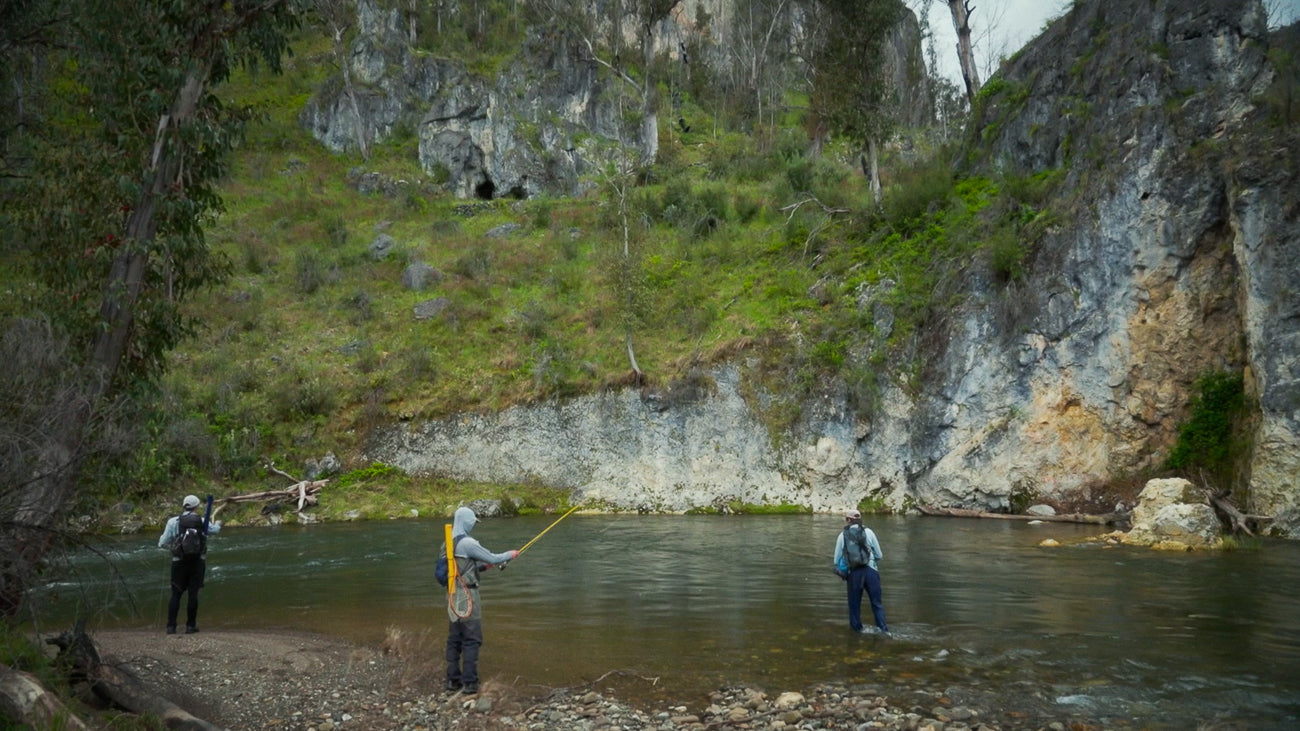 Henry, Dom and Andrew going fly fishing for Snowy Mountains trout on the Yarrangobilly river in Kosciuszko