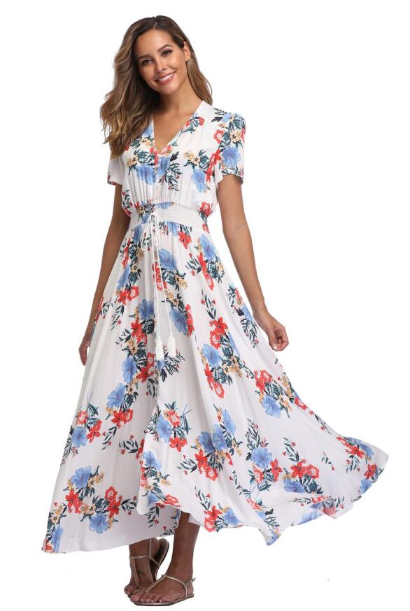 2018 Long Summer Floral Maxi Dress Women Flower Print Casual Split Beach Dress Ladies Elegant Cotton Vintage Boho Party Dresses