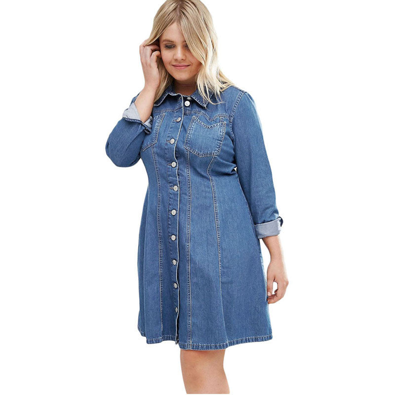  Plus  size  denim  shirt  dress  sexy notched long  sleeve 