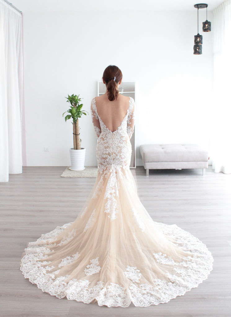 Custom Made Sleeves Mermaid Sheer Wedding  Dress  Dentelle 